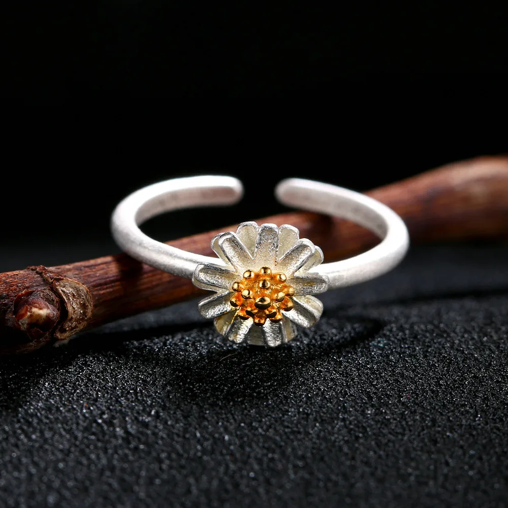 Double Fair Wiredrawing Flower Design 100% 925 Sterling Silver Rings S925 Adjustable Ring For Women Anniversary Party DFRY007
