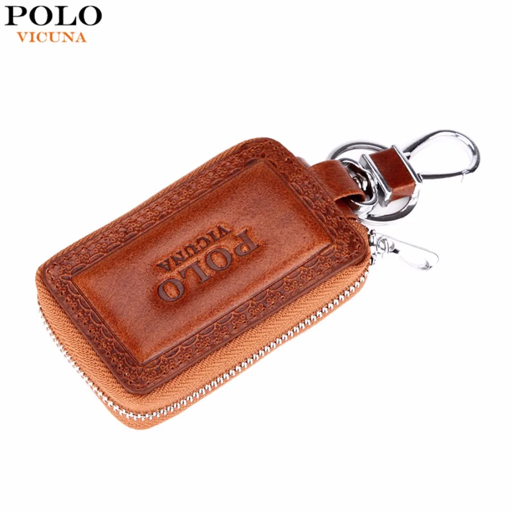 

VICUNA POLO Genuine Leather Mens Car Key Wallet Famous Brand Embossed Edge Cowhide Key Holder For Car Mens Car Key Purse New
