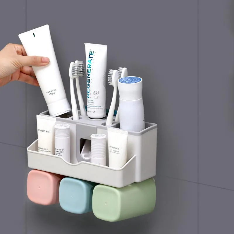 

Home Bathroom Toothbrush Toothpaste Stand Organizer & Squeezers Plastic Storage Rack Set Automatic Toothpaste Squeezers Supplies