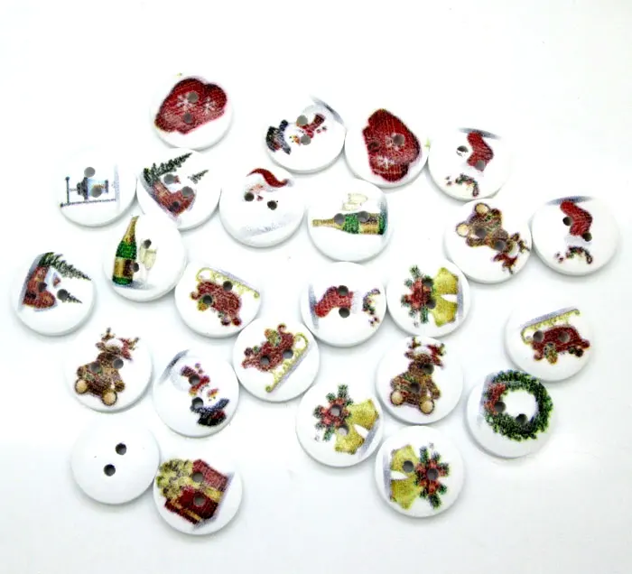 

100pcs Popular Mixed White Round Christmas series Pattern Wooden Buttons For Clothes Crafts Sewing Scrapbooking DIY Accessories