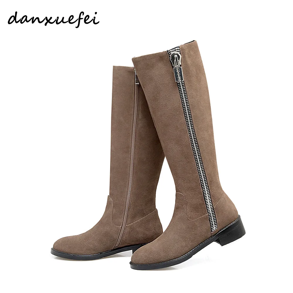 Для женщин Натуральная замша двойная молния зимняя обувь на плоской подошве сапоги до колена сапоги В рыцарском стиле брендовые
