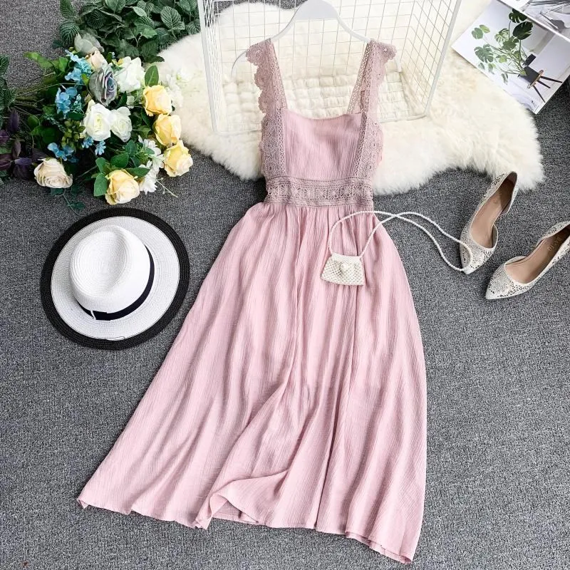 

2019 Fashion Women Slash Neck Lace Dress A-Line Sleeveless Straps Casual Dress Solid Belt Maxi Dress