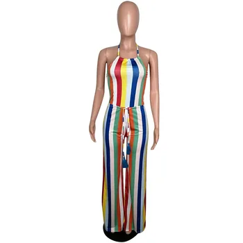 

2019 Women Sleeveless Sexy Jumpsuit Rainbow Colorful Striped Wide Leg Bodysuit Summer Backless Halter Romper