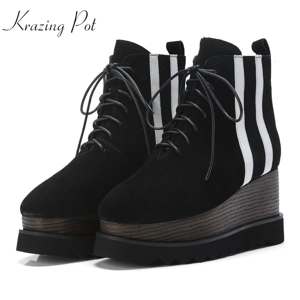 

Krazing Pot 2018 cow suede platform boots thick bottom striped patterns square toe mixed color European designer ankle boots L33
