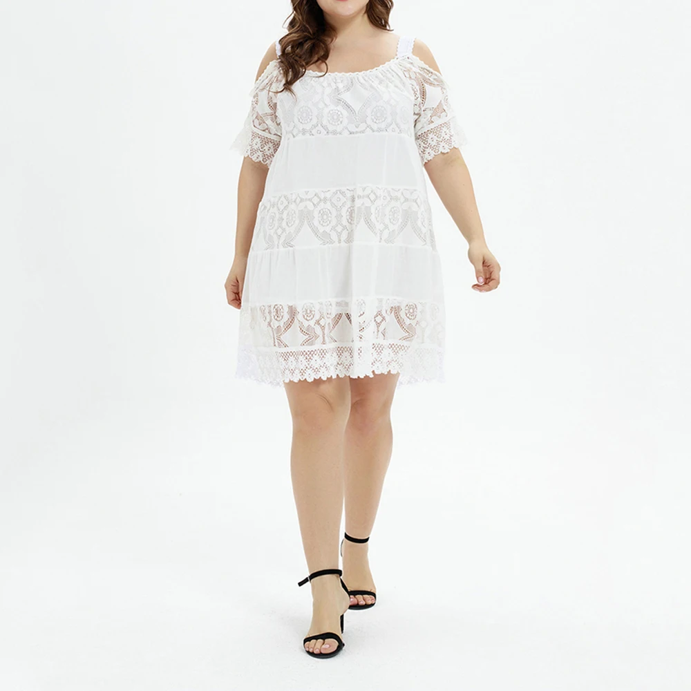 

Dress Women Plus Size Short Sleeve Off Shoulder Sexy Lace Elegant Party Dress Fashion Women Solid Loose Summer Dress vestido D40