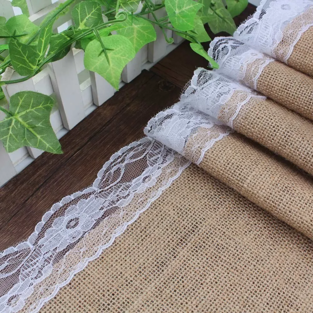 38*220cm Vintage Burlap White Lace Hessian Table Runner Natural Jute