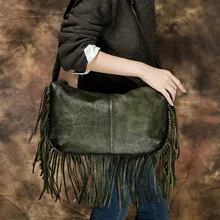 Handmade Genuine Leather Women Vintage Bags 2016 High End Long Fringe Tassel Shoulder Messenger Bag Retro Crossbody Bag