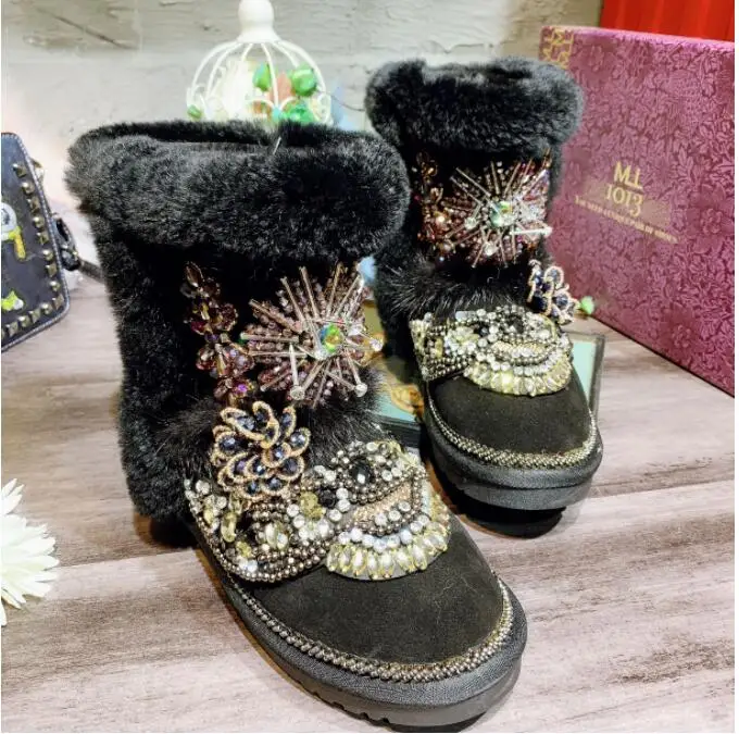 

Tide brand wild round head flat bottom tube snow boots rhinestone rabbit hair sequins beaded warm women's cotton shoes