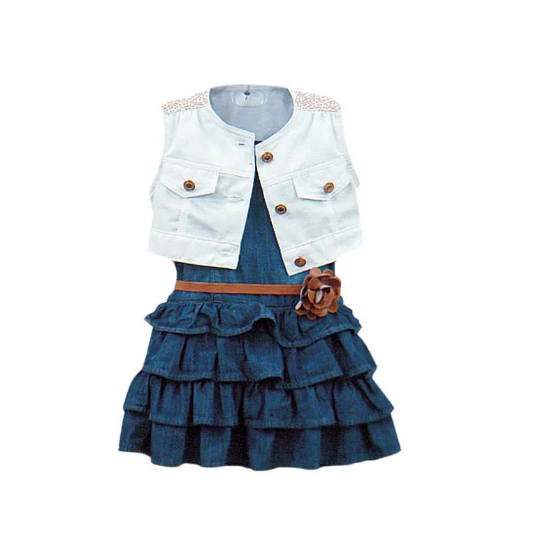 2 шт./компл. новые Летнее платье для маленьких девочек, комплект: рубашка многослойные юбки; костюмы для девочек жилет; джинсы комплекты детской одежды 2-7 лет