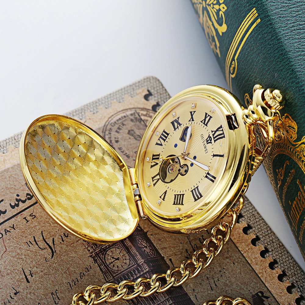 OUYAWEI Luxury Sun Moon Men s Mechanical Pocket Watches Necklace Fob Chain Clock Love Gold Pendant 2