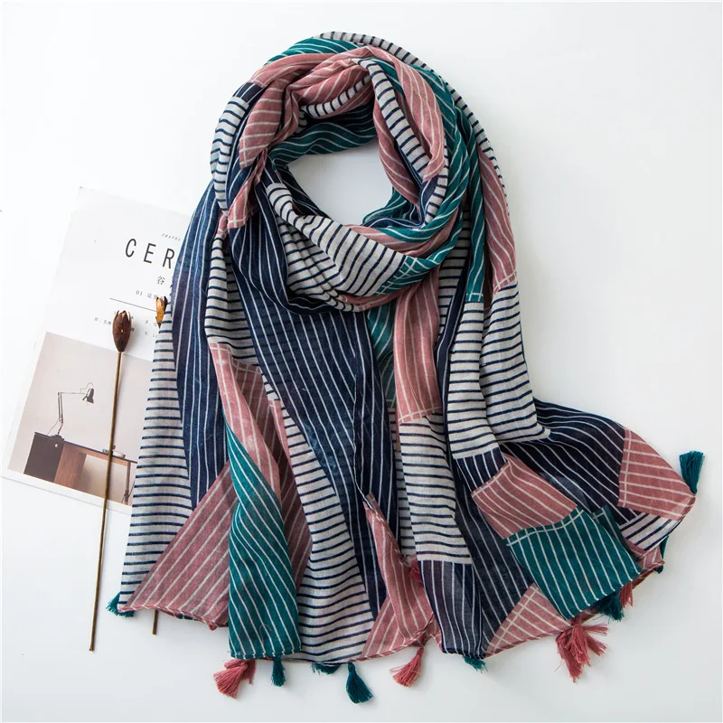 

Stripe Women Scarf Design Color matched Fashion Voile Shawls Large Blanket Tassels Hijab [3591]