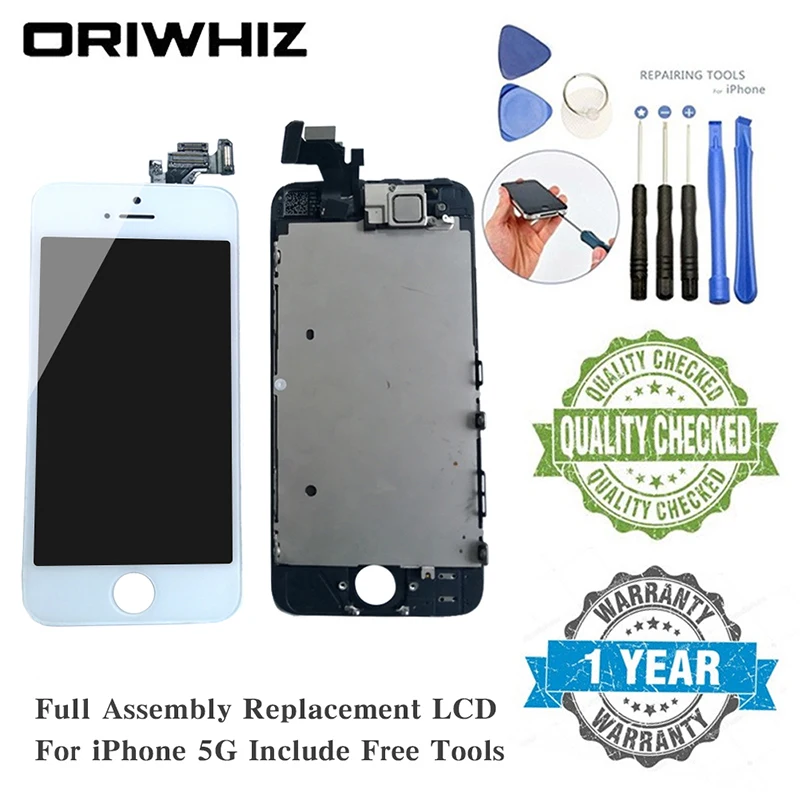 

ORIWHIZ For iPhone 5 LCD Display Screen Touch Digitizer Full Assembly Replacement Front Facing Camera+Ear Speakers+Repair Tool