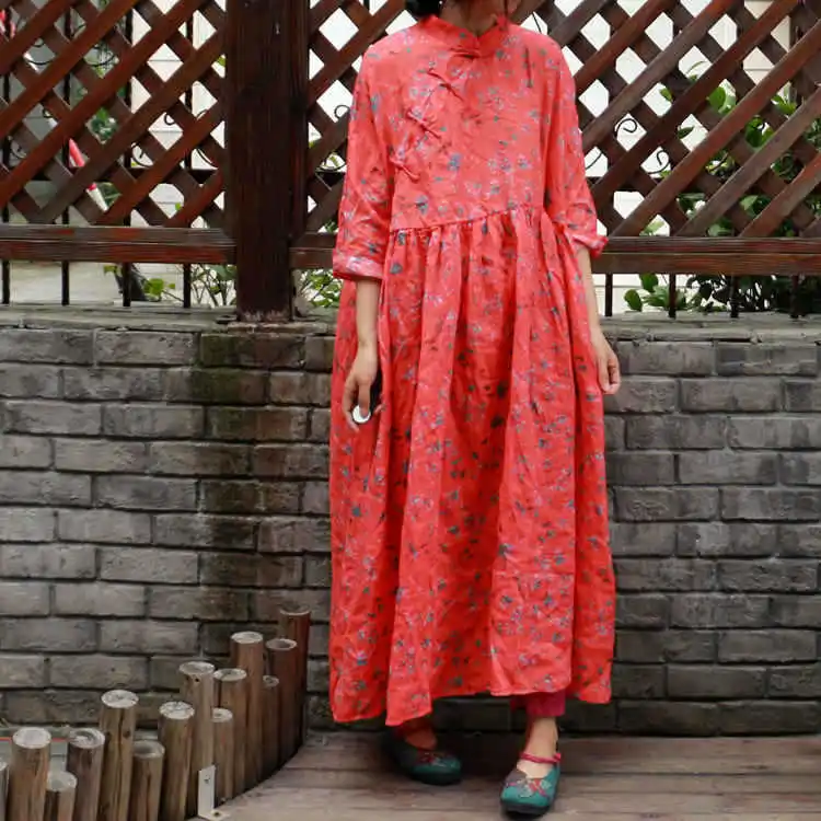 Women Autumn Ramie Floral Printed Stand Collar Dress