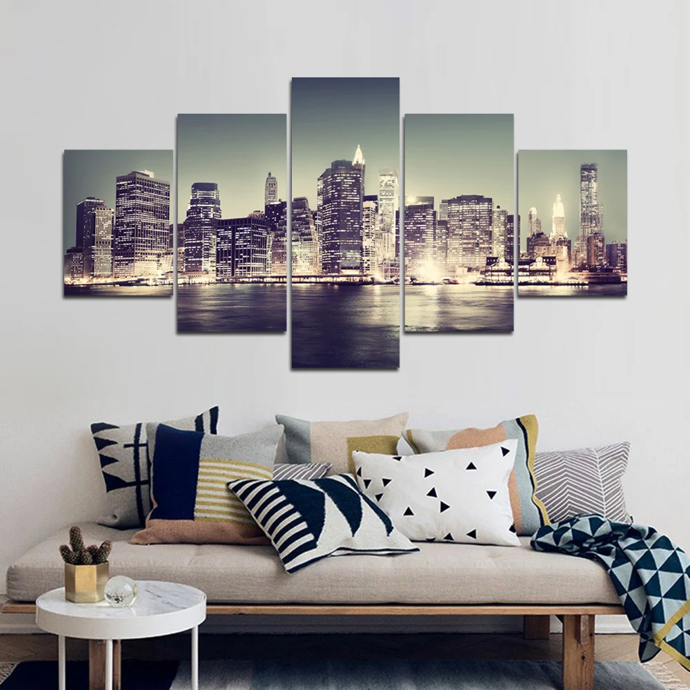 5 Panel Night View of Urban Wall Art Canvas Painting Beautiful Building