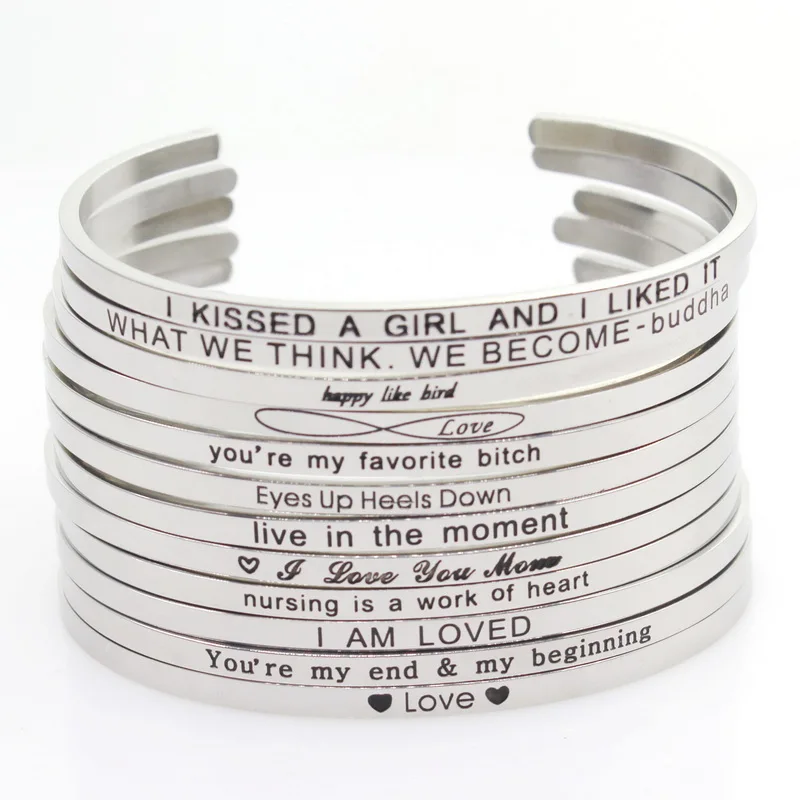 

New Stainless Steel Bangle Engraved Positive Inspirational Quote Hand Stamped Cuff Mantra Bracelets For Men Women