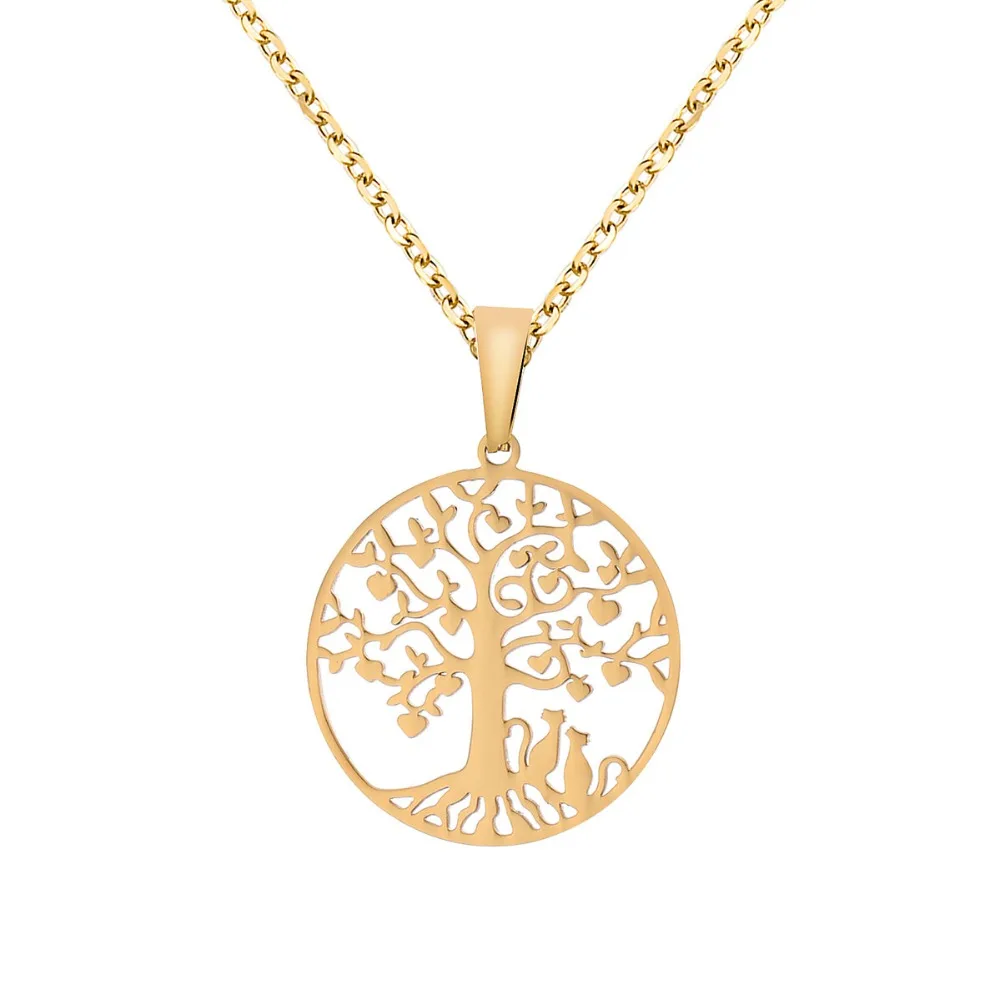 

Vintage Wishing Tree Of Life Hollow Pendant Necklace Stainless Clavicle Choker Gold Silver Cat Couple Jewelry Women Gift 2019