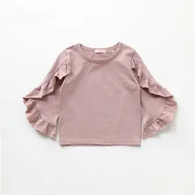 Милые детские футболки с оборками и рукавами-колокольчиками для девочек; милая детская блузка ярких и розовых цветов; топы принцессы на весну-осень