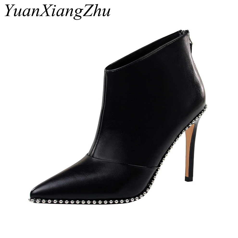 

High Heels Boots Women Winter Shoes 2018 Fashion Rivet Ankle Boots Female Pointed Toe Botas Woman Spring Autumn Black Booties