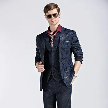 

Men Printed Suit Groom Wedding Stage Performance Host Casual Performance Korean Version Slim Dress Male Jacket + Pant + Vest