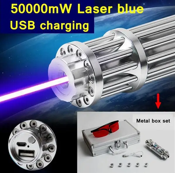 

2017 Style 017-USB 50000m high burn match Blue Laser pen laser pointer USB charging Metal box set include pattern caps