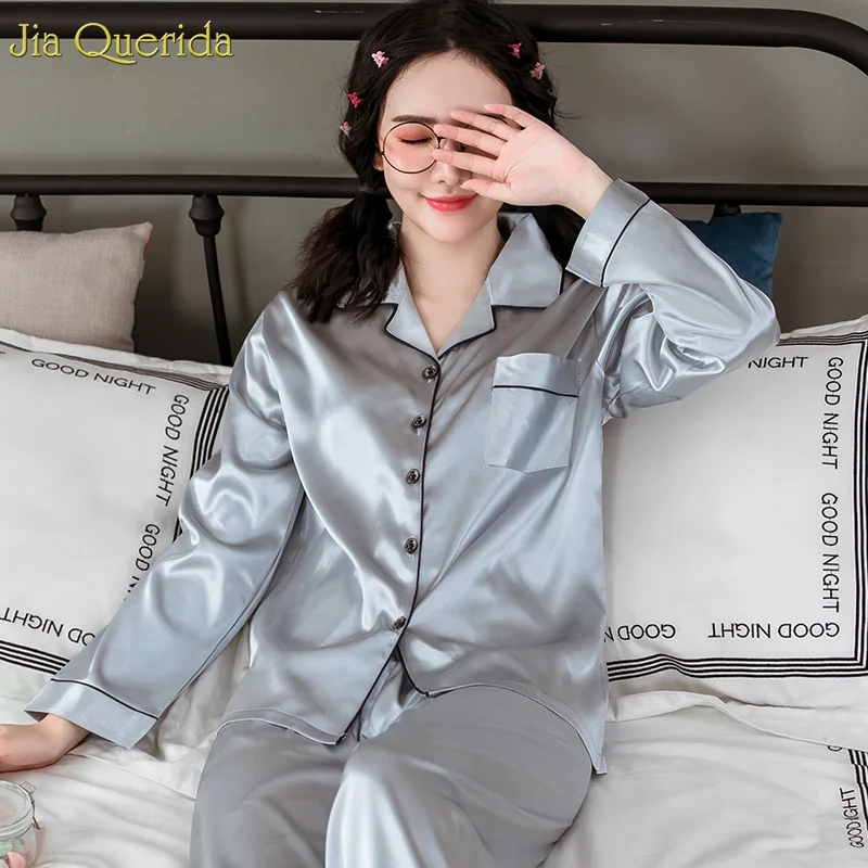 Sexy Pajamas Metal Silver Luxury Lingerie Women Satin Pajamas Set Solid Ice Satin  Silk Plus Size Long Sleeves Lapel Sleepwear - Pajama Sets - AliExpress