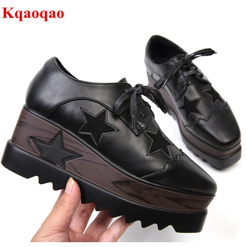 

Square Toe Star Pattern Wedges Shoes Lace Up Chaussures Femmes Platform Height Increasing Zapatos Mujer Luxury Brand Designer