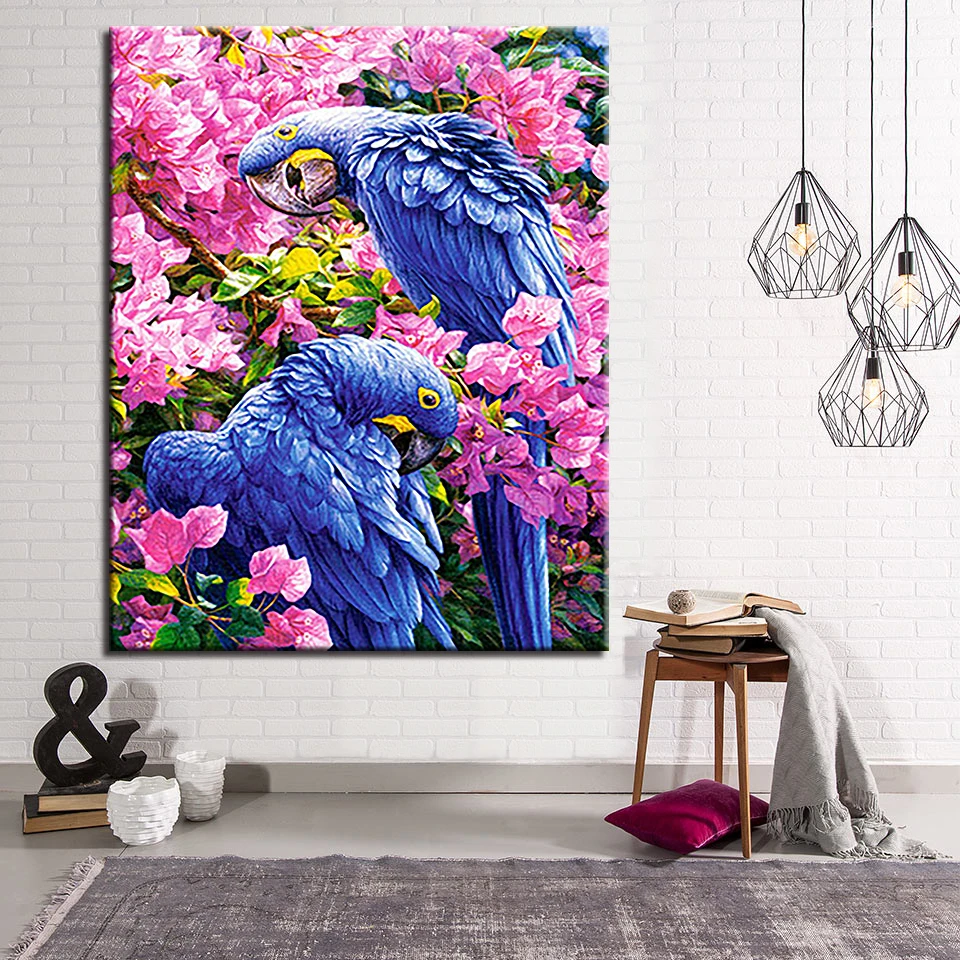 

Blue Parrot DIY Paintings By Numbers Kits Drawing Beautiful Flowers And Birds Oil Pictures Digit Coloring Canvas Wall Home Decor