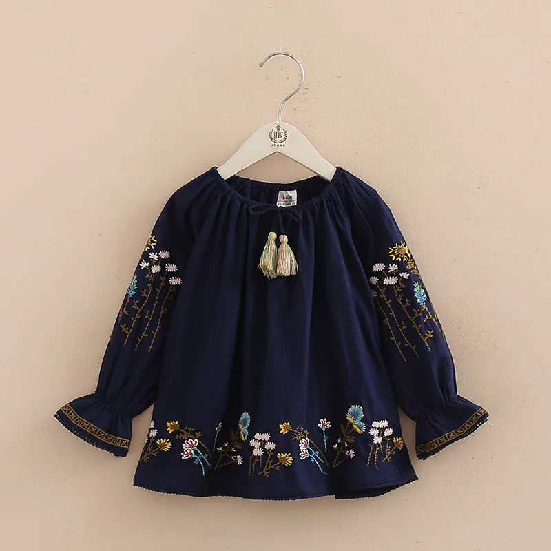 Spring Autumn 2-10 Years Cotton Navy Blue White Long Flare Trumpet Sleeve Embroidery Baby Kids Girls Tassels Blouse Shirt