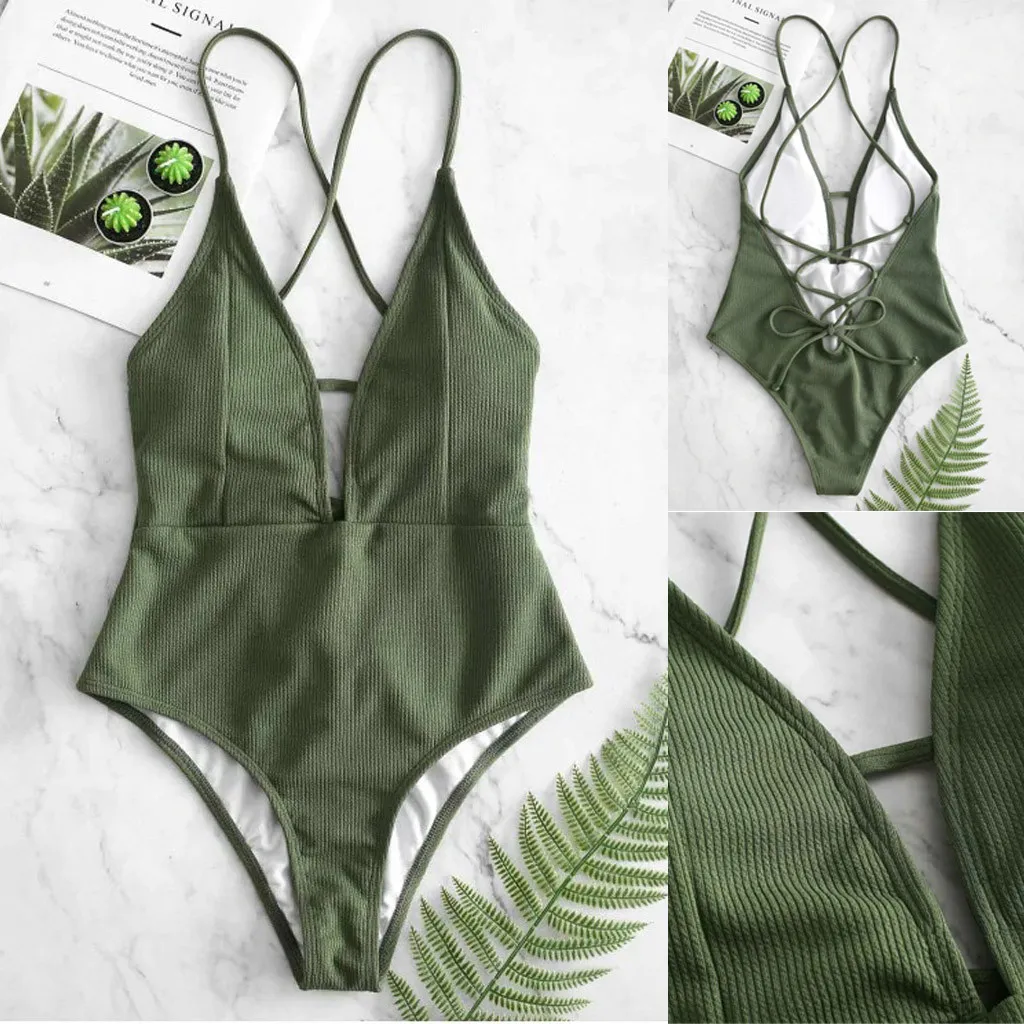 

MUQGEW Women's Push Up Fashion Solid Swimsuit Retro Beach Deep V-neck Monokini Bathing Suit Swimwear Jumpsuit Bikini Set 2019