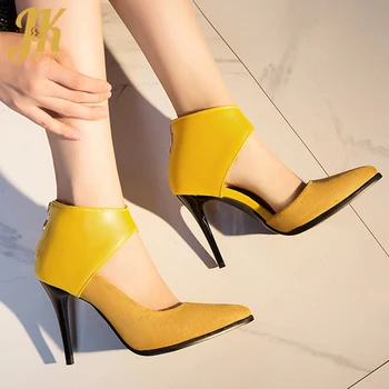 

JK Stiletto Heels High Sandals Women Summer Sandals Pointed Toe Shoes Ladies Zip Pu Party Shoes Female 2019 Yellow Plus Size 50