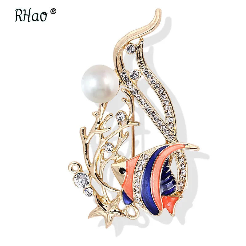 

RHao Multi Enamel Tropical Fish Brooches Gold Coral grass Rhinestone Animal brooch Suit Corsage Women Men shirt sweater coat pin
