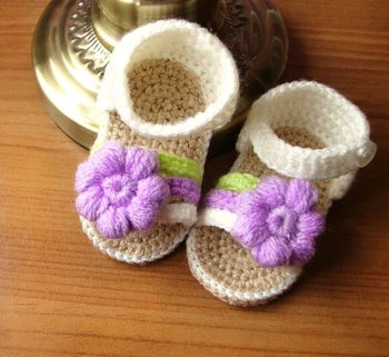 

Cream crochet baby sandals, handmade crocheted girl shoes with pink flower