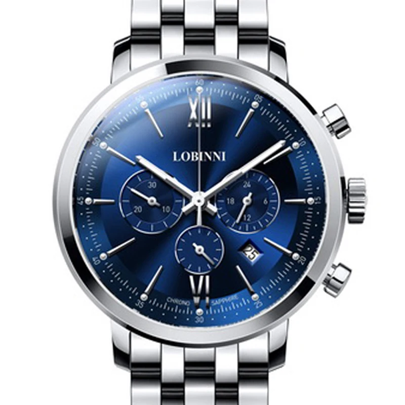 

LOBINNI Men’s Watch Business 50M Waterproof Steel Strap Multifunction Chronograph Dial Quartz Wrist Watch Men Sapphire L3605