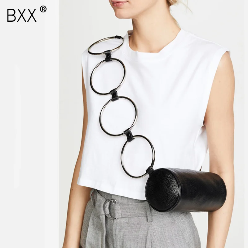 

[BXX] 2020 Summer Personality Single Round Metal Hoop Strap PU Leather Zipper Barrel-shaped Messenger Bag All Match LM830