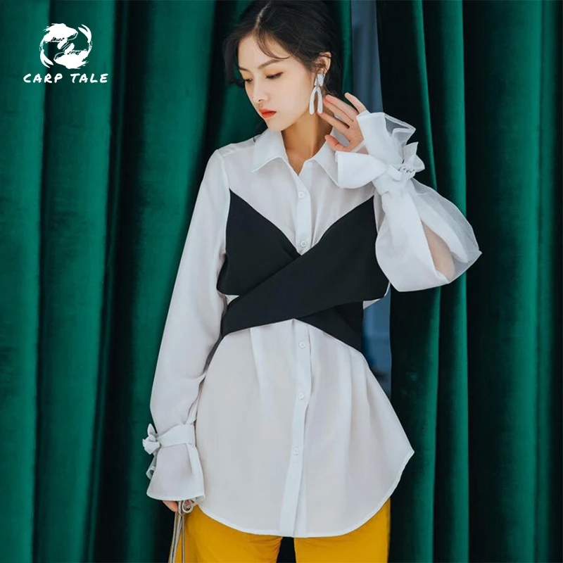 

Tide shirts women autumn 2019 early spring new women's loose wild shirt long paragraph fake two-piece shirt women's clothing