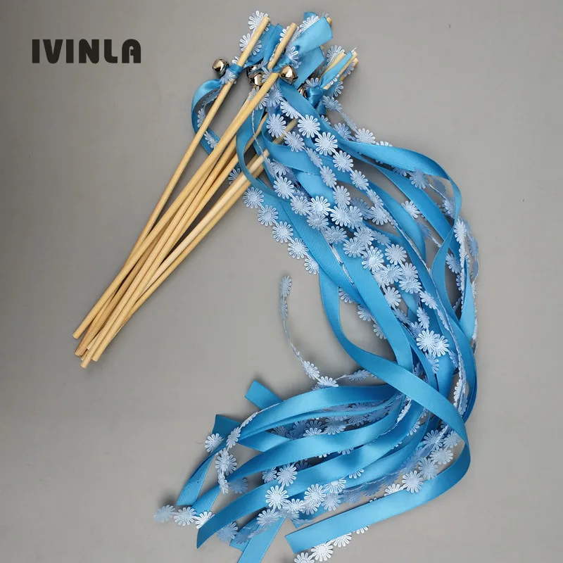 

30pcs/lot blue wedding ribbon wands With gold Bells for wedding party