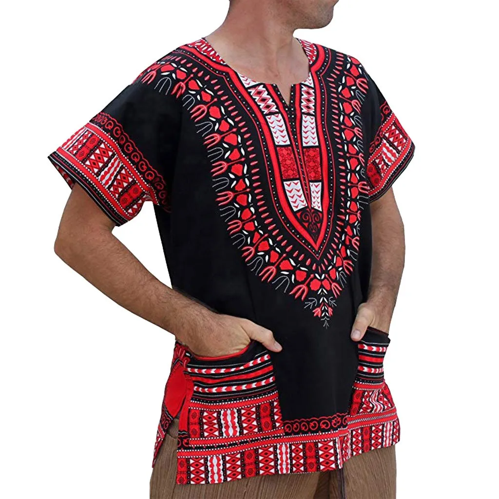 Африканская одежда мужская летняя винтажная африканская печать короткий рукав Карманы О шеи Топы Рубашка Блузки
