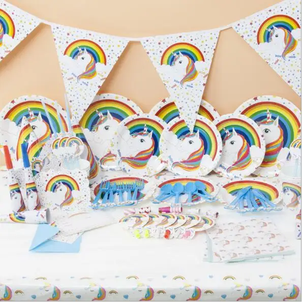

White Unicorn Party Gift Bag Unicornio Plate Popcorn Cup Balloon 1st Birthday Cat Cake Decoration Eenhoorn Party Favor Supplies