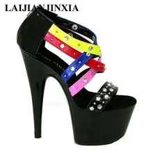 LAIJIANJINXIA/Женская обувь; женские босоножки; пикантная обувь для танцев с открытым носком без шнуровки; туфли для танцев с пряжкой на высоком каблуке с заклепками