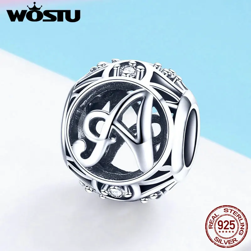 WOSTU, подлинный 925 пробы, серебряный, модный, с буквенным A-Z, бусины, шарм, подходят к оригинальному браслету, ожерелье для женщин, сделай сам, изготовление ювелирных изделий CQC738