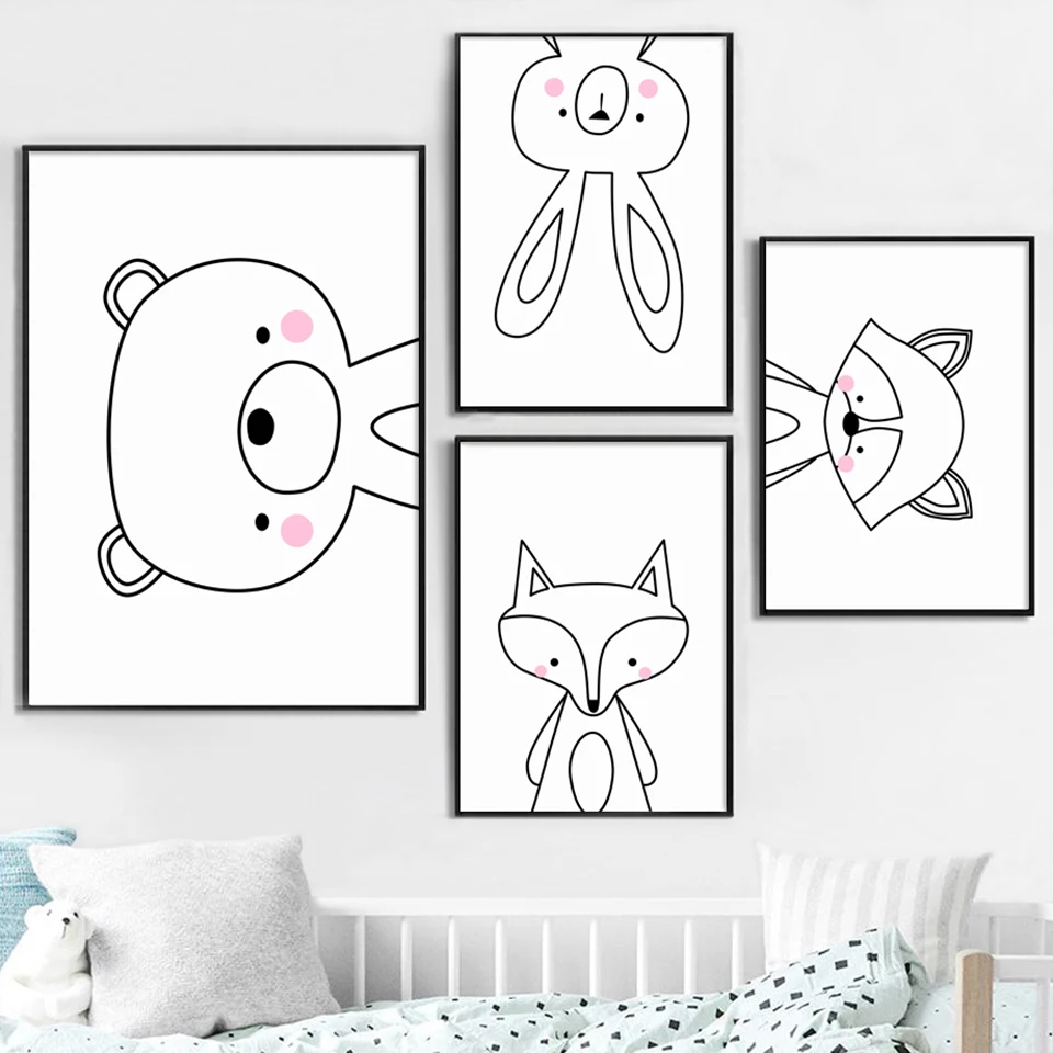 

Nordic Style Fox Raccoon Canvas Painting Minimalist Prints Wall Art Creative Modular Pictures Bear Rabbit Poster Home Decor