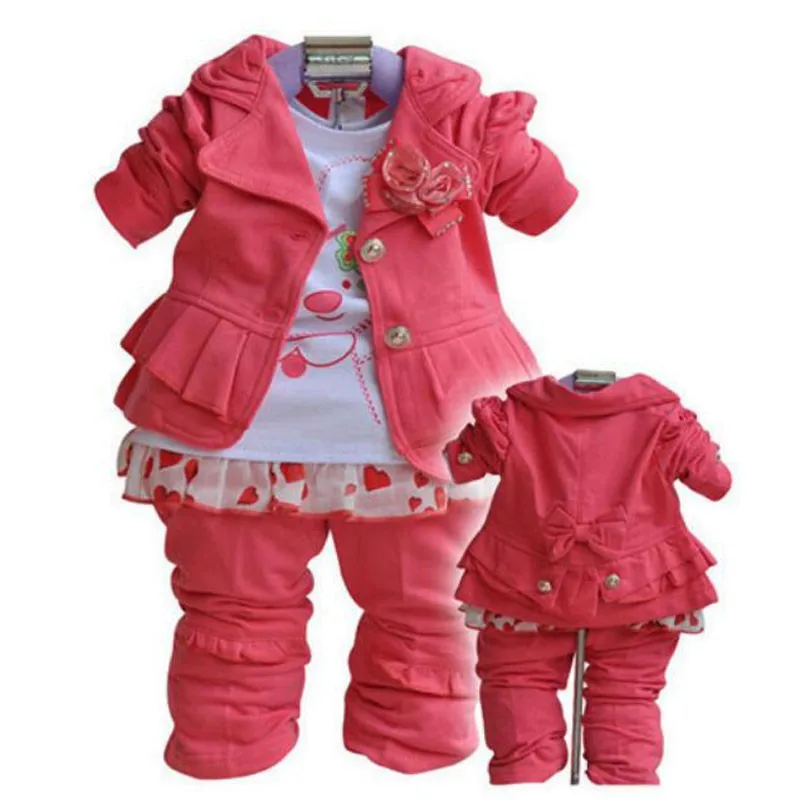 Новая детская одежда, костюмы для малышей, одежда для малышей, весенне-осенний комплект из 3 предметов, верхняя одежда+ футболка+ штаны, ярко-розовая одежда для девочек