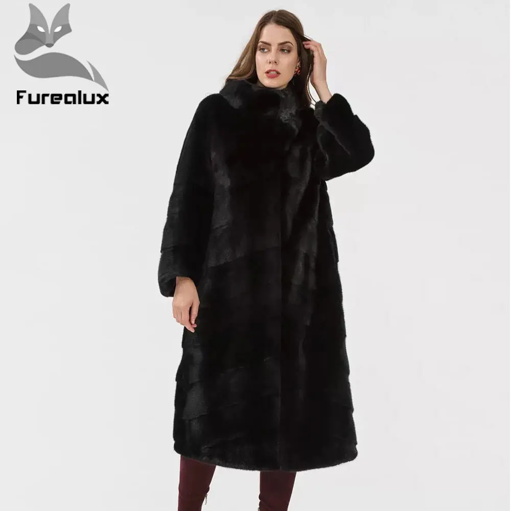 

Furealux Whole Skin Mink Fur Coat Long Warm Stand Collar Bottom Natural Fur Jackets With Hood Genuine Outerwear Ladies Coat