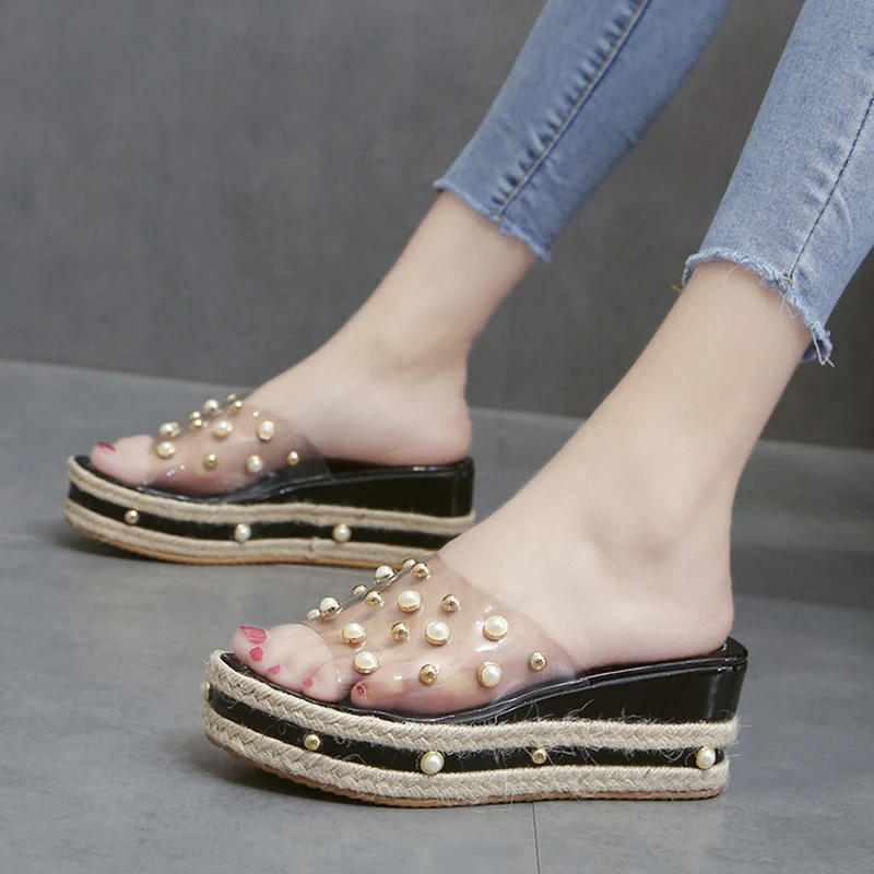 

Slides String Bead Transparent Slippers Women Shoes With Platform On A Wedge Brand Design Heeled Mules Outdoor Jelly Flip Flops