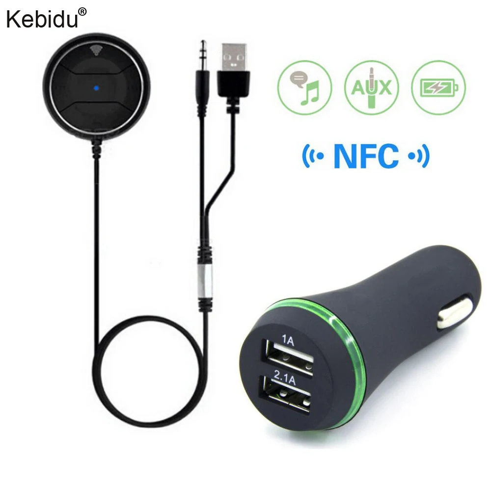 

Kebidu NFC Bluetooth Receiver Car Kit Wireless Remote Controller for Car Speaker AUX Handsfree with 2 Port USB 2.1A Car Charger