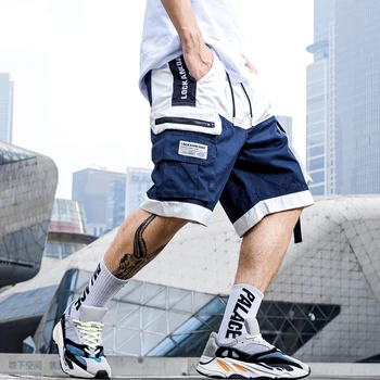 

2019 Summer Cargo Shorts Color Block Knee Length Short Jogger Ribbon Letter Print Streetwear Hip Hop Sweat Shorts