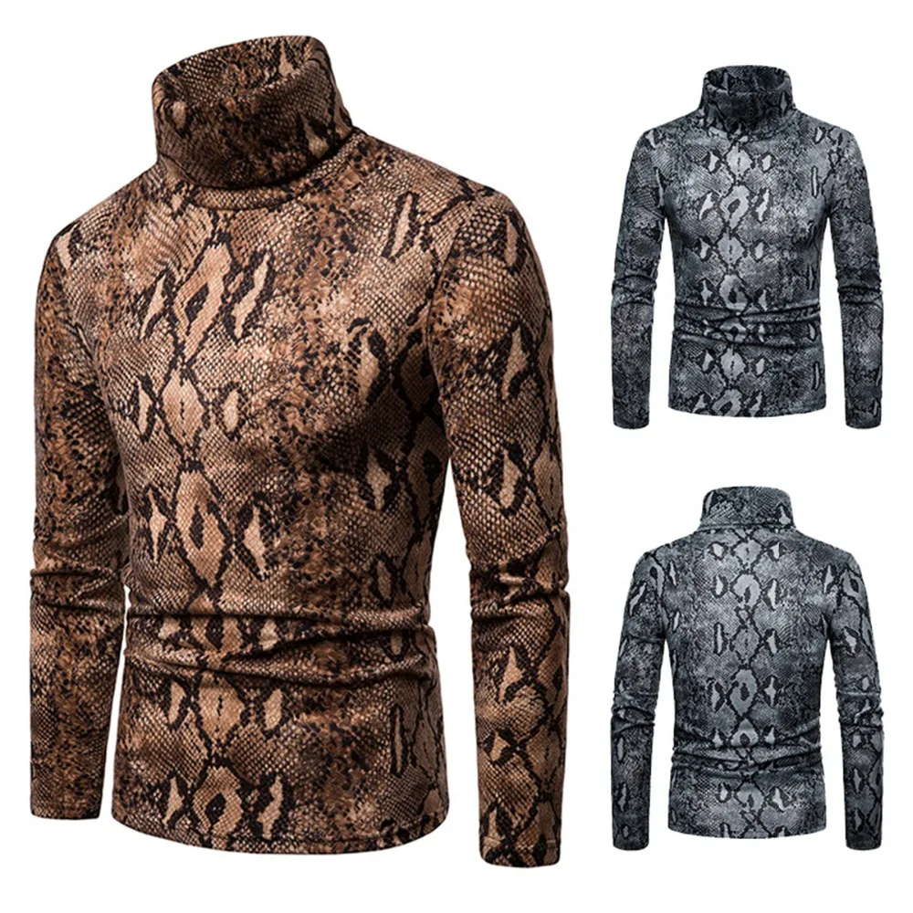 

Spring Long Sleeve Snake Print T Shirt Men Fashion Tees Slim Tops Male Stretch T-shirt Turtleneck Long Sleeve Shirt