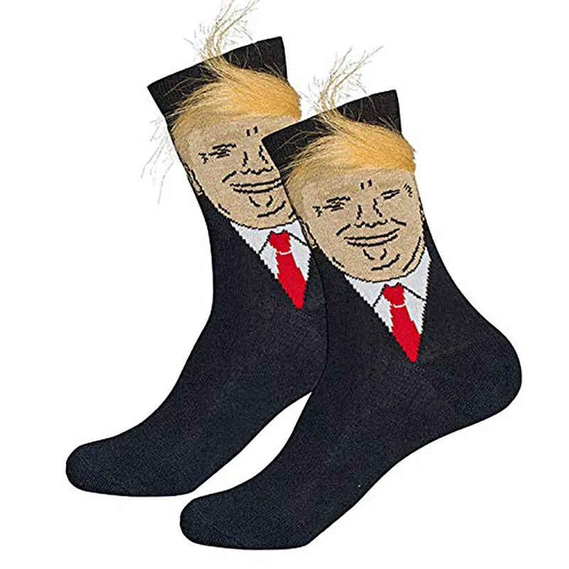 

President Donald Trump Print Socks With Fake Hair Unisex Fun Novelty Print Adult Casual Crew Length Socks Christmas Socks Gift