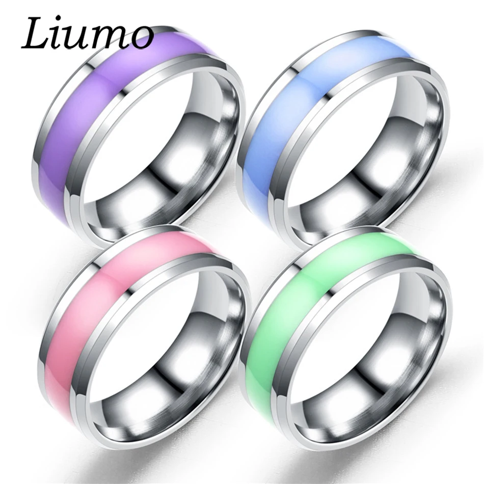 Liumo Fashion Purple Green Blue Pink Color Glow In The Dark Women Men Stainless Steel Couple Ring Lr538