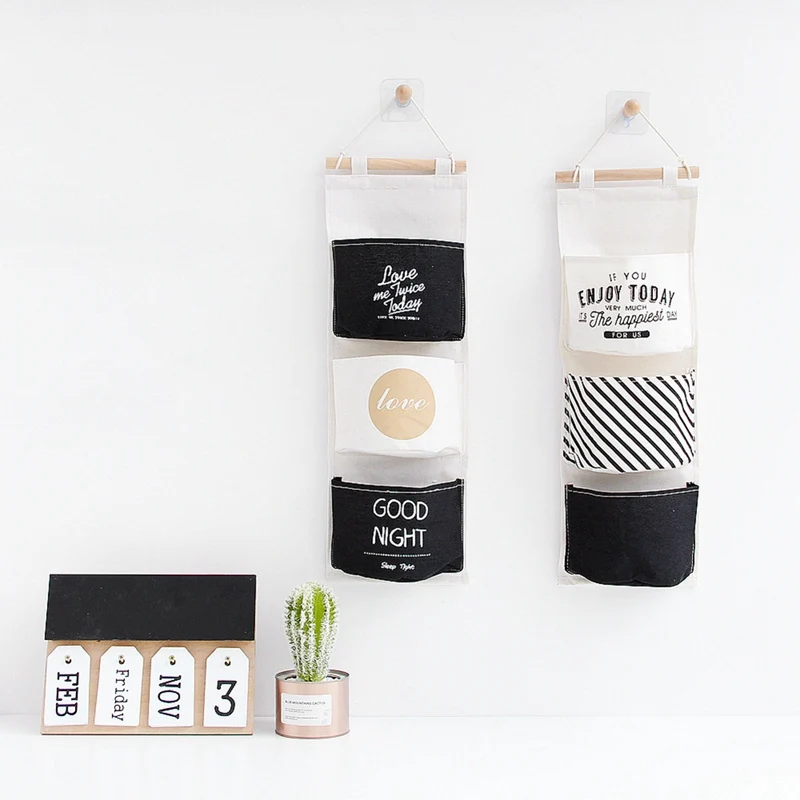 

Nordic Style Three-grids Cotton Linen Hanging Storage Bag Wall Mounted Wardrobe Hanging Bag Wall Pouch Cosmetic Toys Organizer